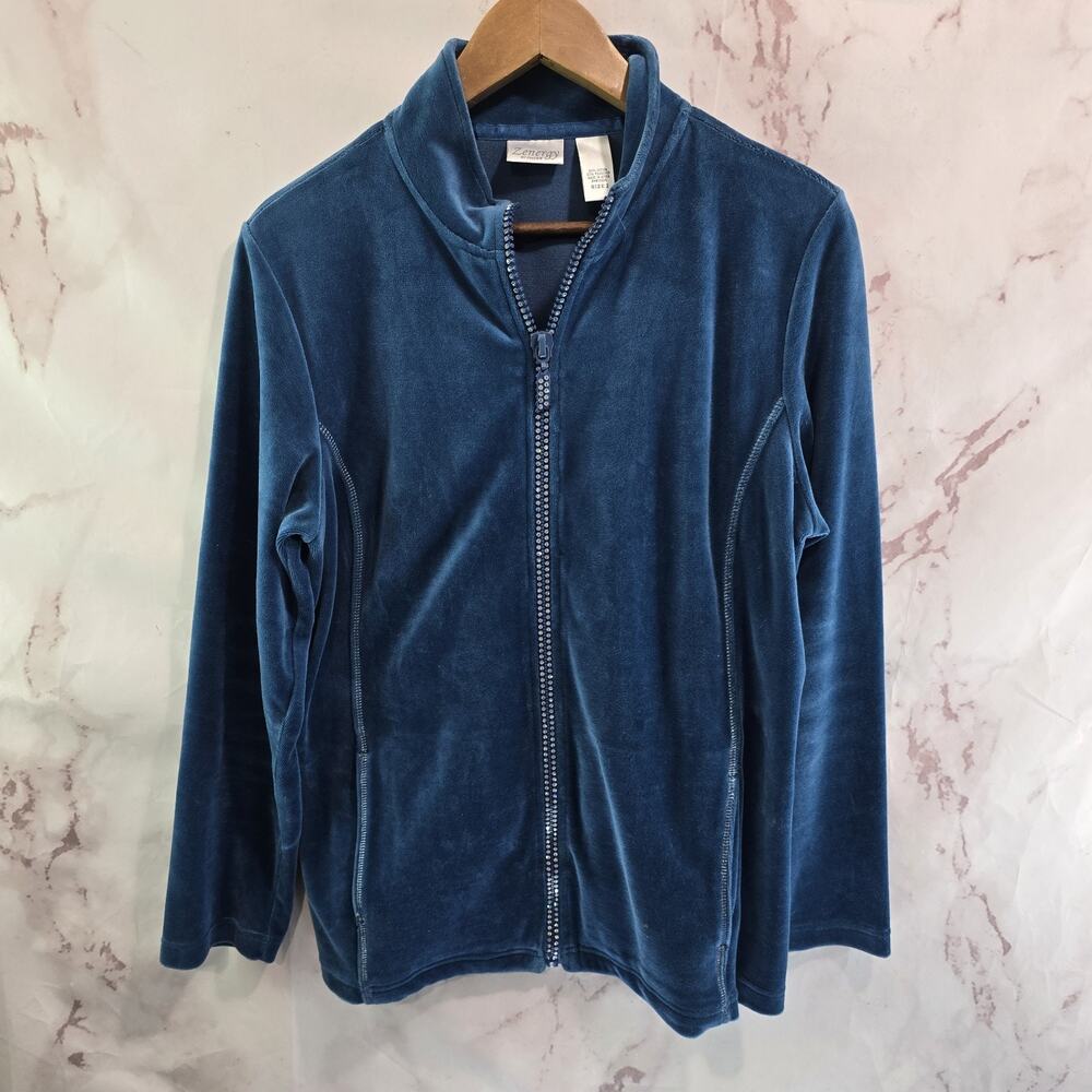 Chicos Jacket Womens Large 2 Blue Velour Gem Crystal Bling Gem Zenergy Track